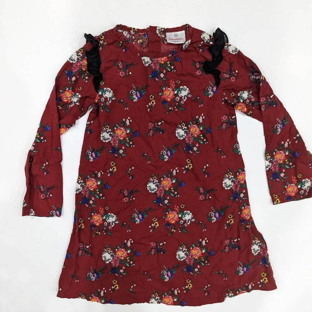 Hanna dark red maroon bordeaux floral shift dress long sleeve girls size 120 6 7 - Picture 2 of 8